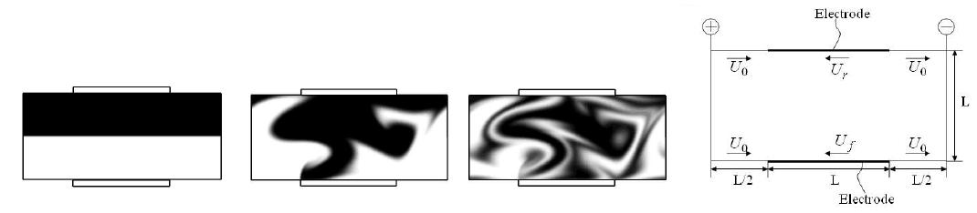 2D microchannel flow model (sketch) and mixing patterns (contour plots).