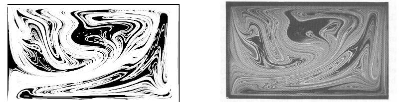 (a) Unstable manifold obtained from a specially developed technique and (b) the experimentally visualized striation pattern given by Ottino for the alternate lid-driven cavity flow.