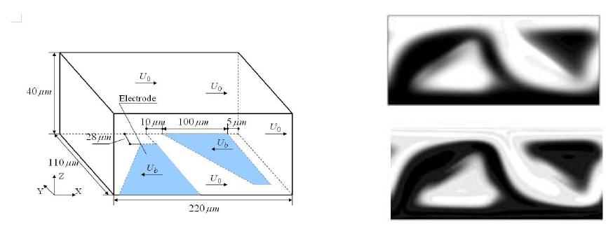 A microchannel mixer with trapezoidal electrodes on the bottom wall (LHS), and the numerical results (RHS) obtained from LBM (upper) and CFX (lower).