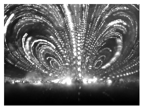 The experimental visualization for the ac-electroosmotic flow around a pair of electrodes.