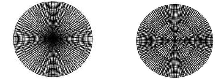 Regular (LHS) and zonal-embedded (RHS) grids in a circular domain.