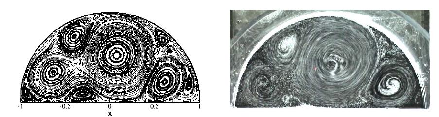 Numerical (LHS) and experimental (RHS) results for a semi-circular flow problem; the zonalembedded grids were used in the numerics.