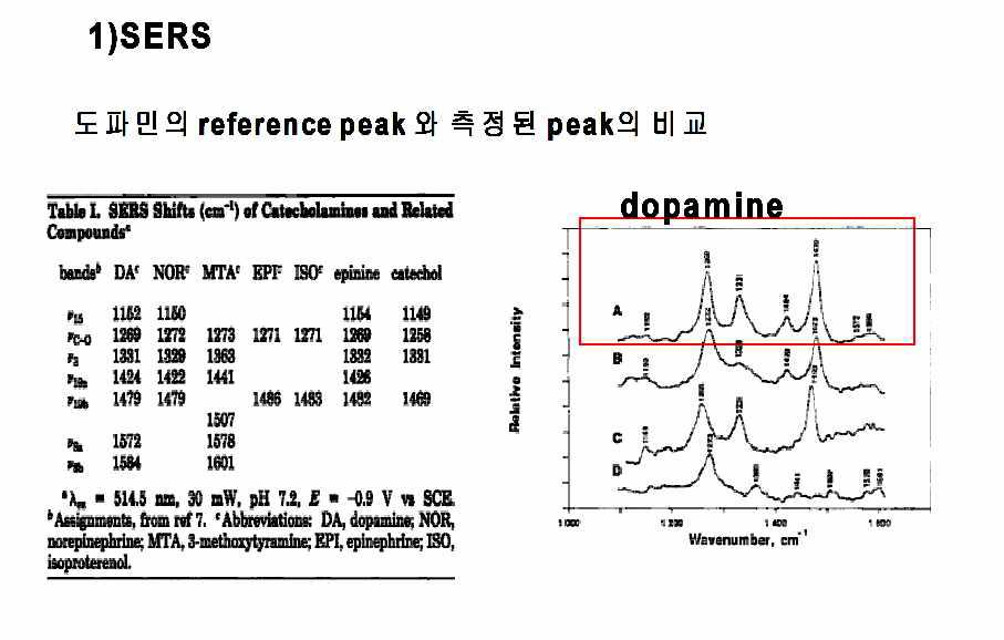 도파민의 보고된 피크와 측정 피크 비교