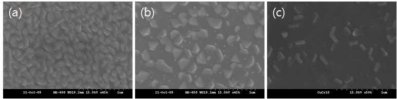 10mTorr 산소분압에서 CuCr0.95Mg0.05O2 박막의 성장온도에 따른 미세구조 a)600, b)650, c)700℃.