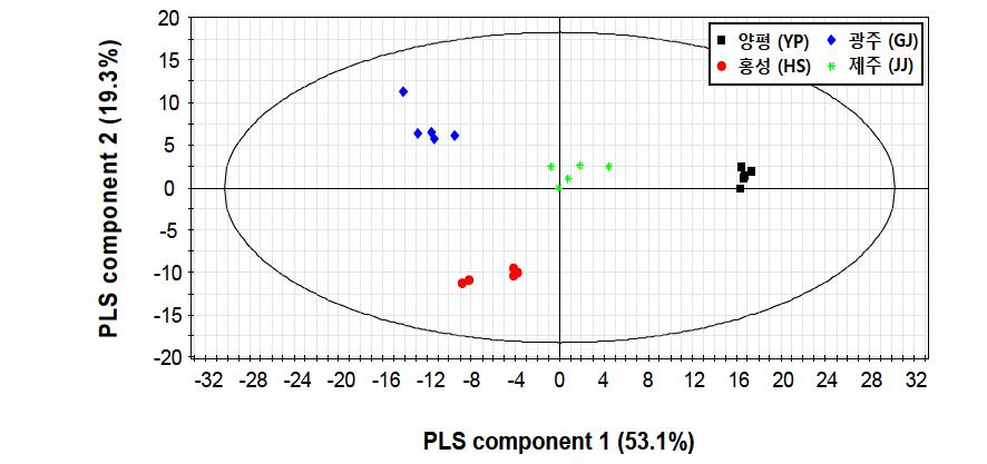 구아바 잎 (aqueous fraction)의 원산지별 비교 PLS-DA model의 score plot