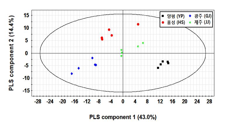 구아바 줄기 (aqueous fraction)의 원산지별 비교 PLS-DA model의 score plot