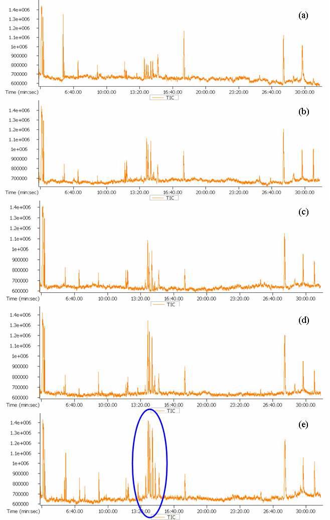 GC-TOF-MS total ion chromatogram of guava leaves harvested in (a) May (b) August (c) September (d) October (e) December