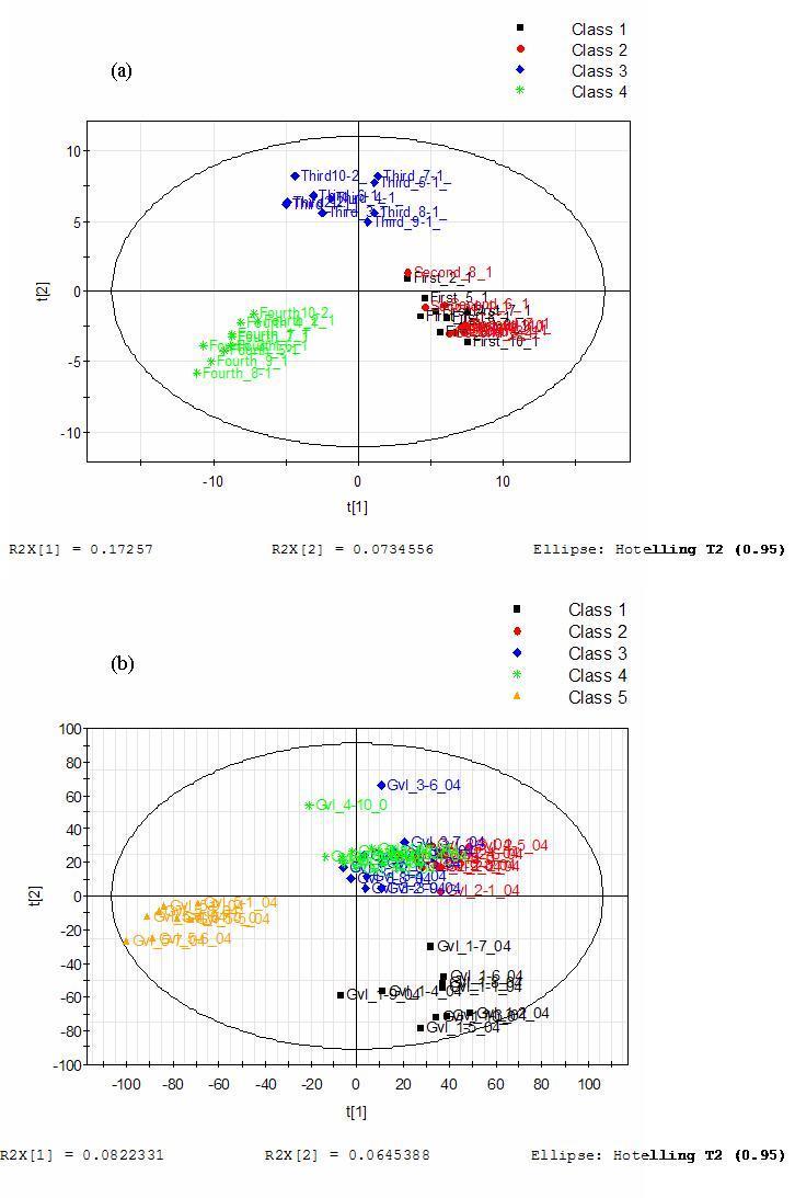 PLS-DA score plots in guava fruit (a) and leaves (b) at different harvest periods analyzed by GC-TOF-MS.