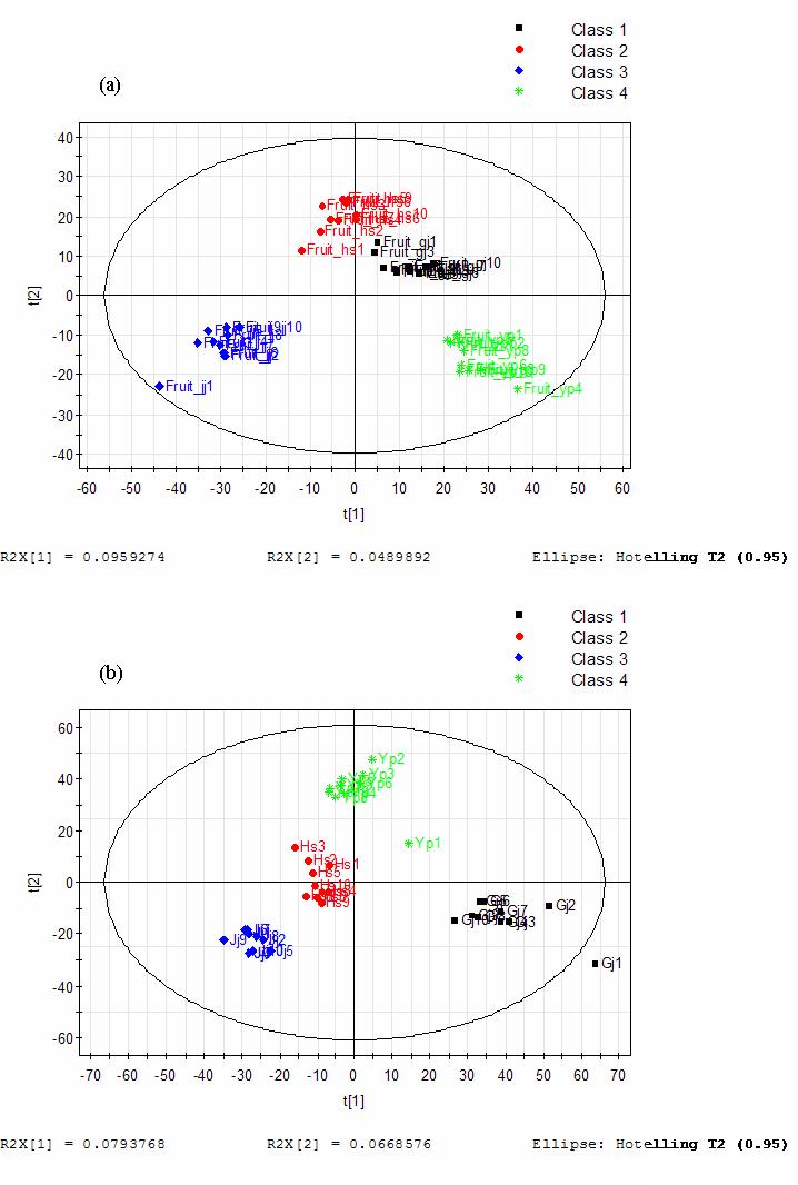 PLS-DA score plots in guava fruit (a) and leaves (b) at different origins analyzed by LC-MS.