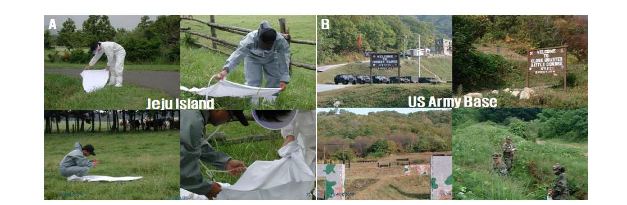 Tick collection sites in Jeju-Do (A) and US Army base and training sites in korea (B).