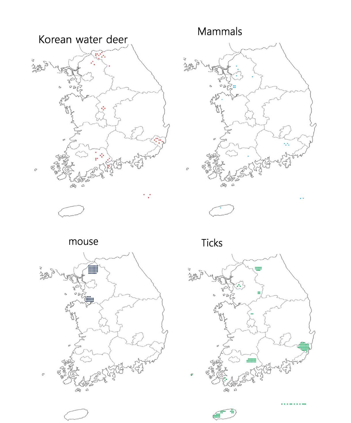 Map of Republic of Korea with detection of A. phagocytophilum from Korean water deer, mammals, Wild rodents and ticks. Marking on out of land are unknown areas of samples.