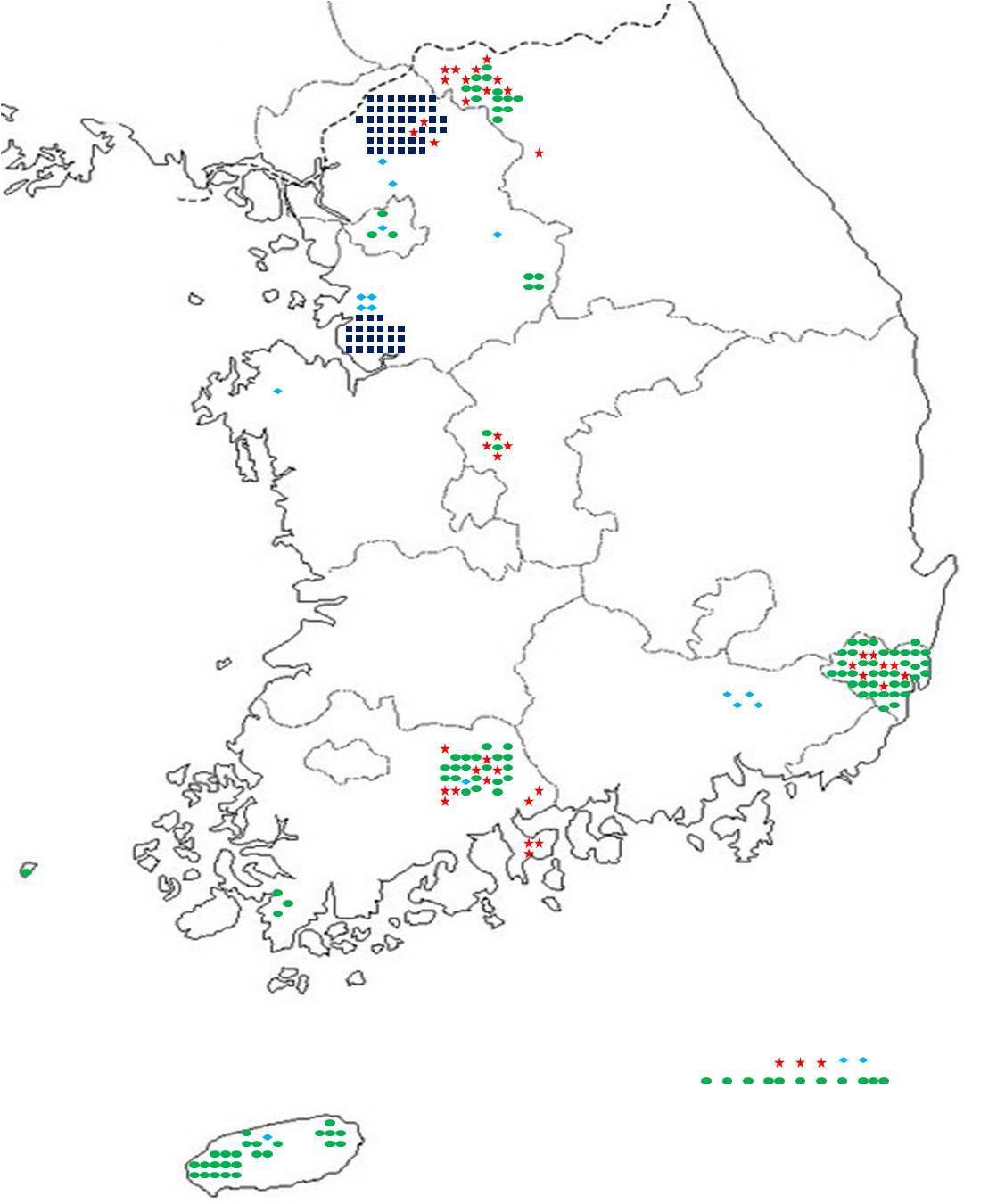 Map of Republic of Korea with overlap marking for detection of A. phagocytophilum from different provinces. Marking on out of land are unknown areas of samples.