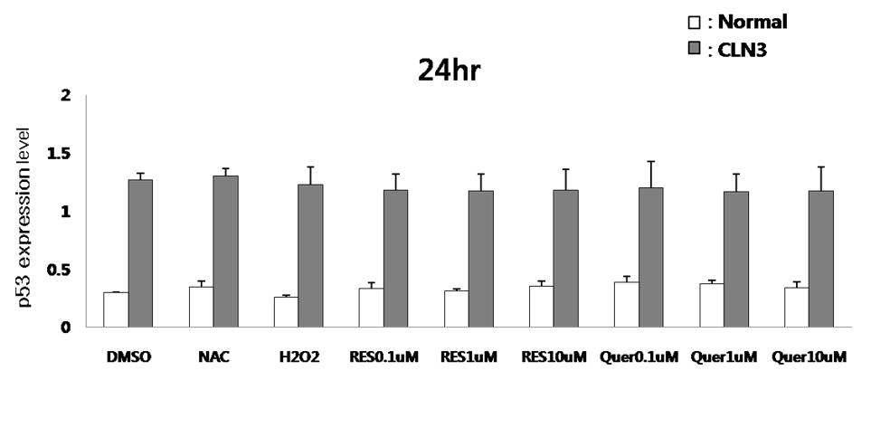 정상인의 lymphoblast와 바텐병 환자의 (24hr) lymphoblast를 이용하여 항산화제 처리 후 quantitative RT-PCR 수행.