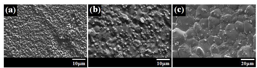 다양한 소결온도에서 제조한 5 mol%의 Pd이 도핑된 ZnO 세라믹을 시편의 SEM 이미지; (a) 1100oC, (b) 1300oC, (c) 1500oC