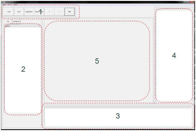 시스템 Interface (1) 시스템 menu, (2) 작업 관리 창, (3) Log, (4) 현재 작업 관리 창, (5) 영상 표시