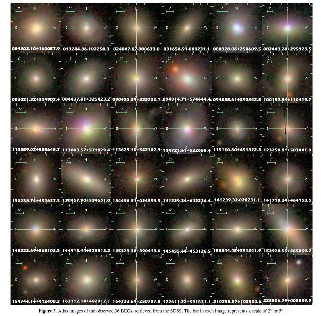 SDSS에서 선택한 청색조기형은하 36개의 SDSS 천연색 사진.