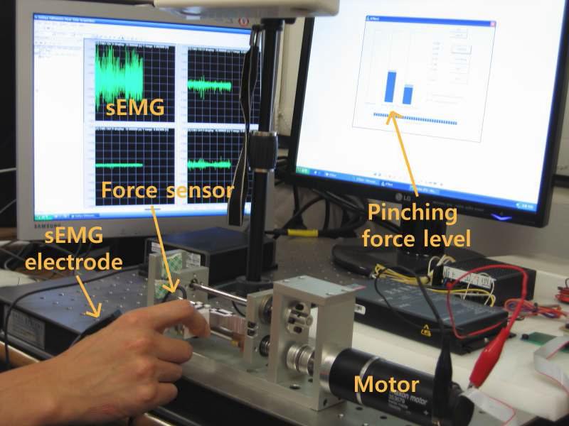 pinch길이를 달리하며 근전도와 힘 측정 실험 장면