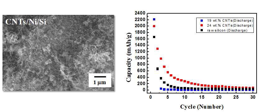 FE-SEM image and charge-discharge curves of CNT/NiSi alloy nanocomposites
