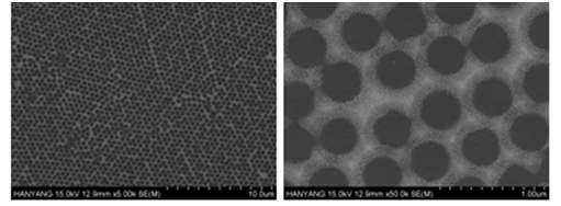 SEM images of the Au-deposited wafer after the elimination of PS beads.