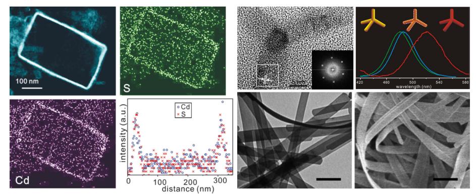 속빈 CdS 나노박스, CdS1-xSex tetrapod와 (CdS)1-x@(CdSe)x tetrapod 나노입자, ZnSe·N2H4 나노벨트.