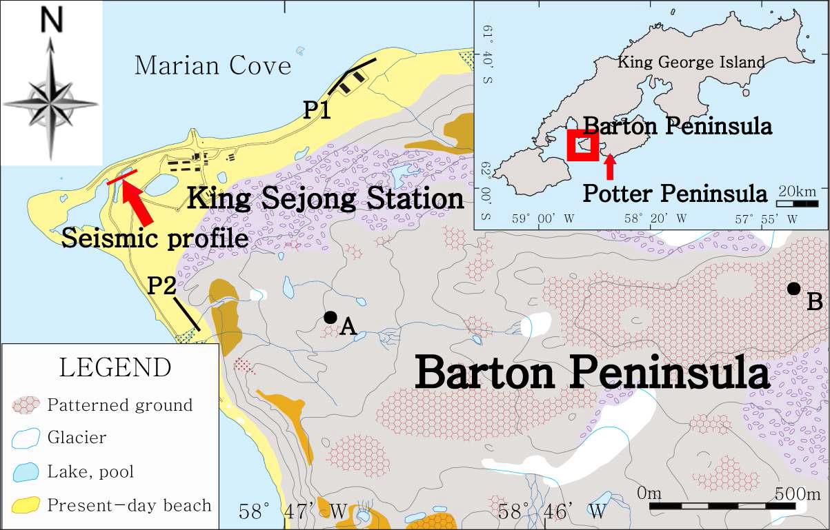 Location map showing the seismic profile (red), previous geophysical survey lines P1 and P2, and excavation sites A and B.