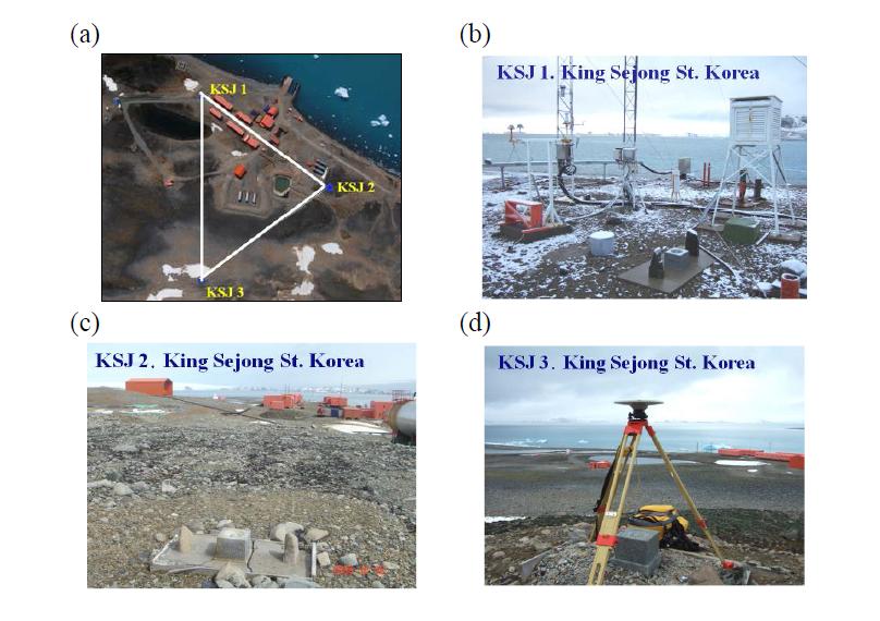 (a)Network B for GPS surveying, (b)KSJ1, (c)KSJ2 and (d)KSJ3 reference stations in King Sejong Station, Antarctica.