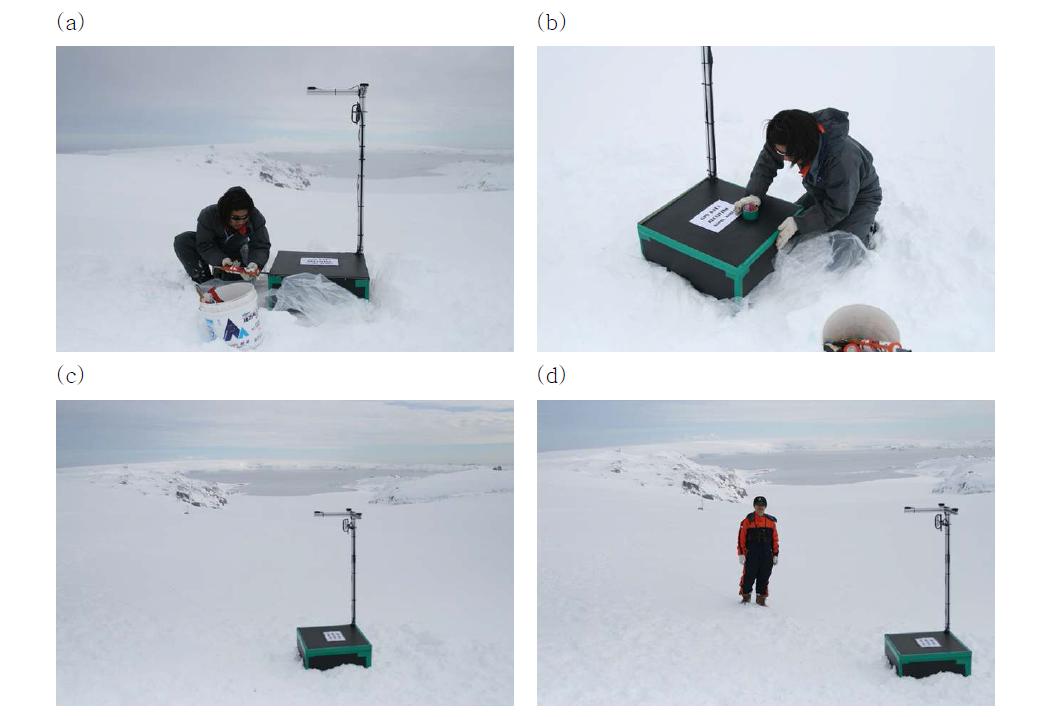 (a) “GPS모니터링 시스템”의 의 빙원설치 모습, (b) 눈, 비 유입방지를 위한 씰링(sealing)작업, (c) 빙원에 설치된 모습, (d)“GPS모니터링 시스템”의 설치 후 크기