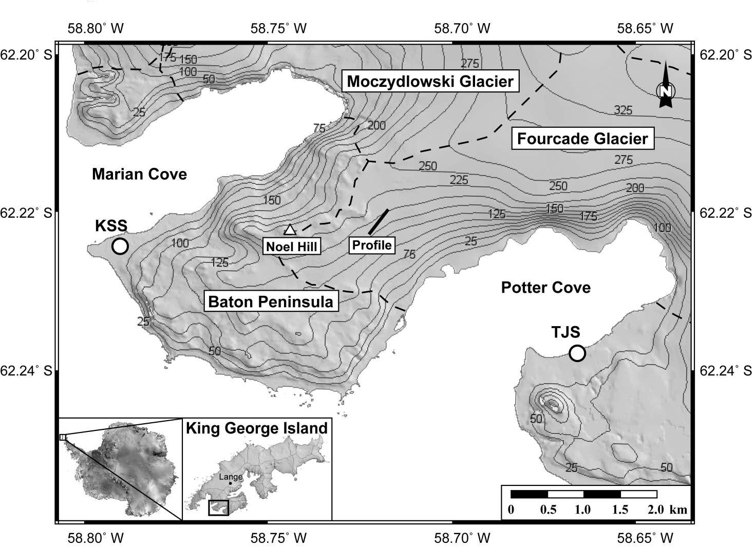 Map of the western Fourcade glacier showing the location of the 470-m seismic and radar profile, Korea’s King Sejong station (KSS) Agentina’s Teniente Jubany station (TJS) (modified from the satellite image map by Braun et al. 2004). Dashed lines indicate the catchment boundaries. Bare land of the Baton Peninsula bounds portions of the catchment areas of the Moczydlowski and Fourcade glaciers. The inset map of King George Island (KGI) shows the location of the “Lange” ice core recovered by Simões et al. (2004).