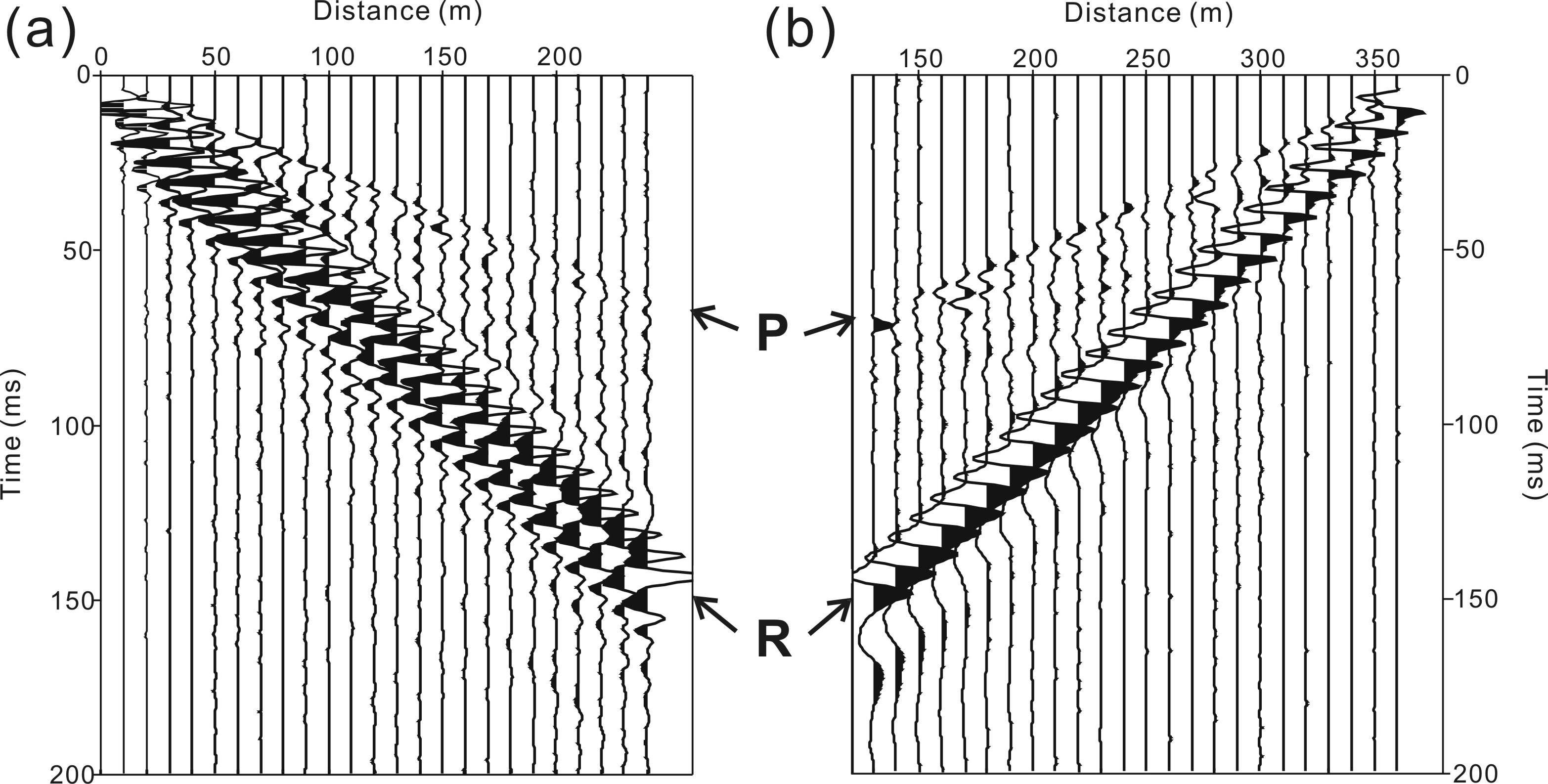 Raw shot-gathered data of shot points at (a) a profile distance of 0 m, where the glacier bed is shallow, and (b) a profile distance of 370 m, where the ice is relatively thick. Relatively high S/N ratios of P waves (P) and distinct dispersion features of Rayleigh waves (R) are evident on both records.