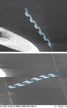 SEM images of nanocoil with Ni plate attached to on end (Bell et al., 2007)