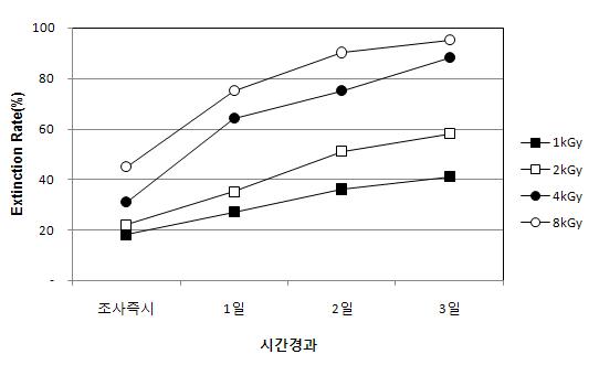 전자빔조사 후 무교반 조건에서 시간경과에 따른 사멸율 (Scenedesmus sp.)