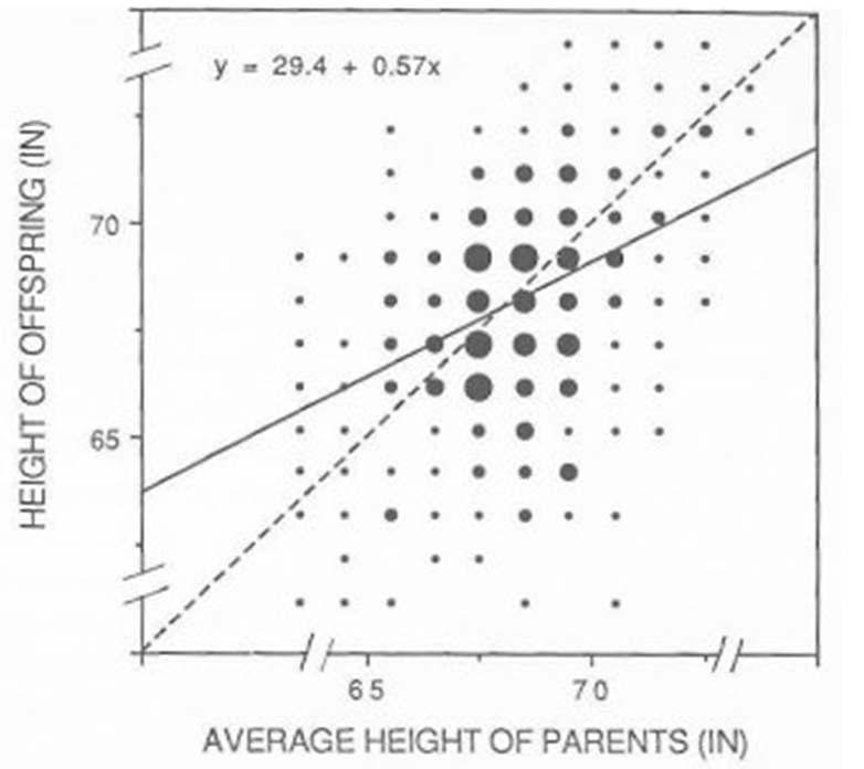 부모와 자식 사이의 키의 상관관계, 상관계수 (r)은 0.57이다 (Bulmer, 2003).