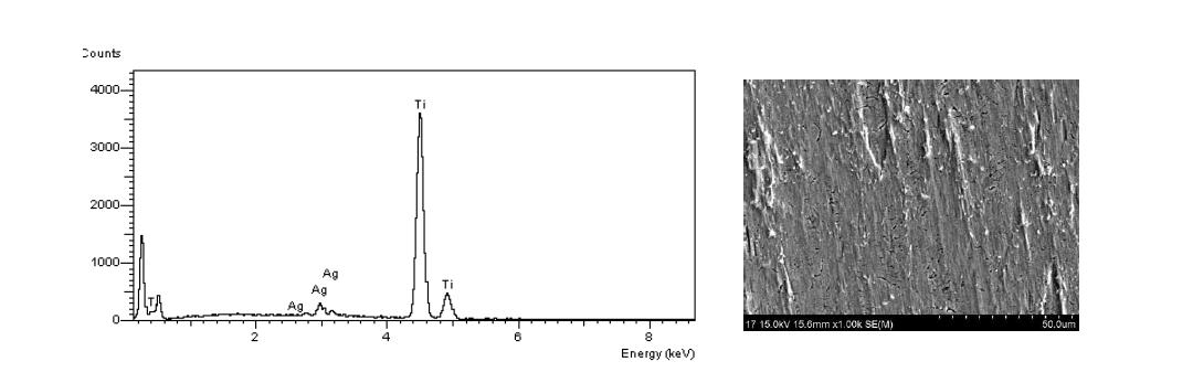 EDX spectra of silver ion coated titanium and SEM image of titanium surface.