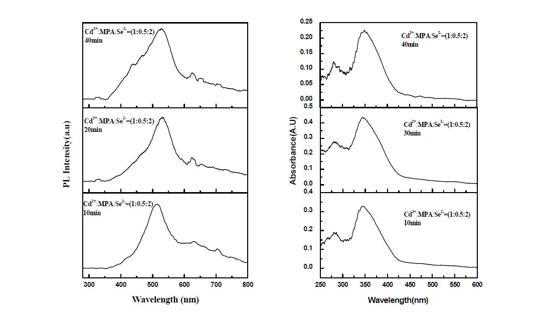 MPA의 농도를 고정시켰을 때 합성 시간에 따른 PL 및 광흡수 스펙트럼