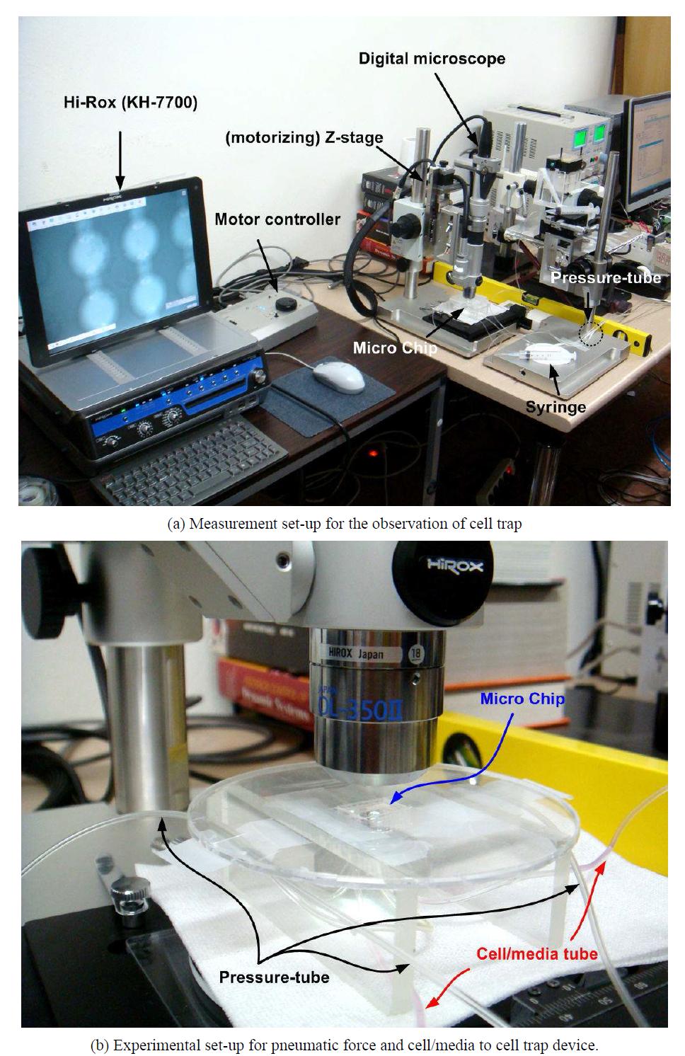 Photographs showing a experimental set-up for cell trap.