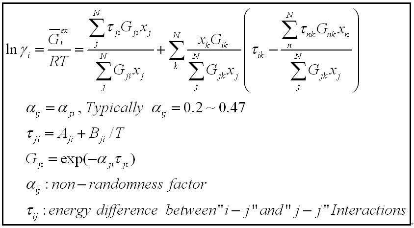 NRTL 모델에서 activity coefficients