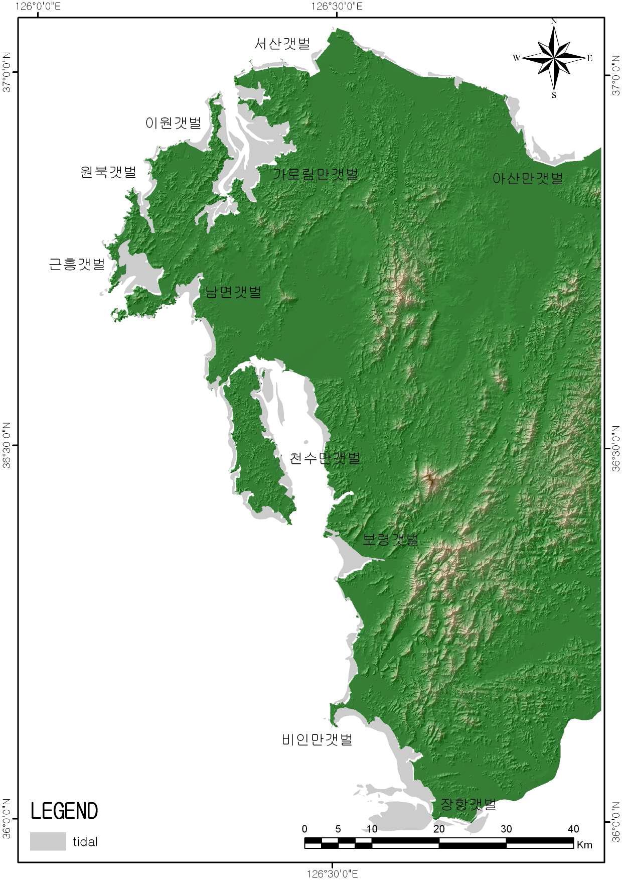 충남의 간석지 분포도(해양수산부 전자해도, 2002)