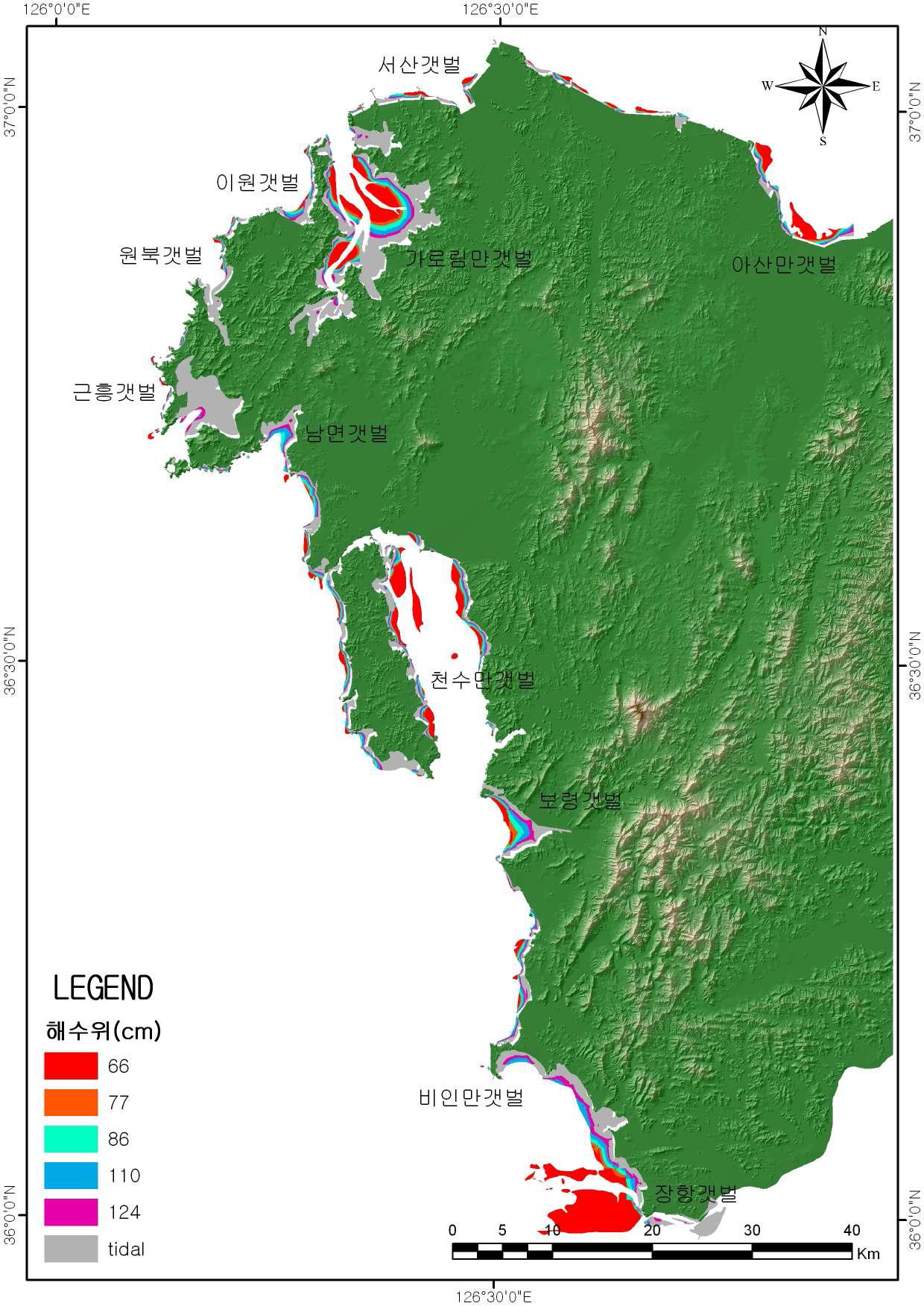 해수면 상승시나오리별 간석지의 침수예상지역 (해양수산부에서 발행된 국제해도(2002)와 수치지형도를 이용하여 추출 후 분석)