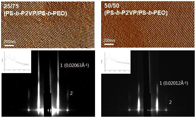 PS-b-P2VP/PS-b-PEO 블렌드의 AFM과 GISAXS 데이터. (a) 25/75 블렌드; (b) 50/50 블렌드.