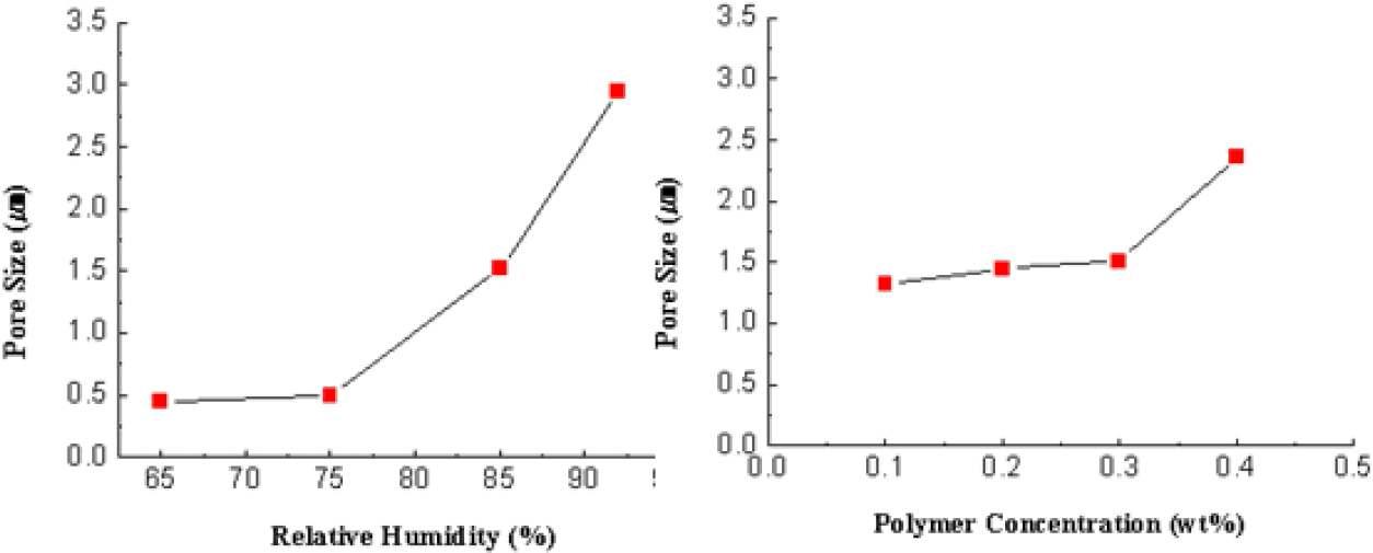 상대습도(a)와 블록공중합체 농도(b)의 변화에 따른 구멍크기의 변화.