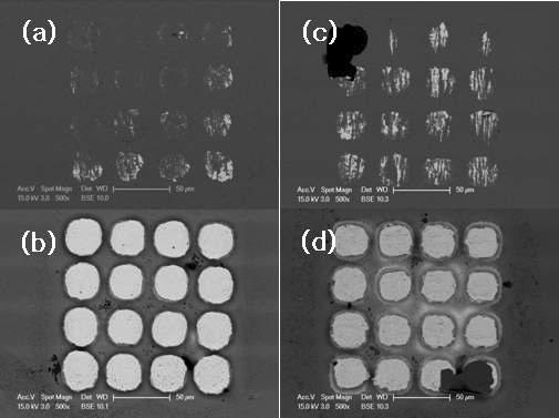 SEM images after die-shear test; (a) no plasma substrate side, (b) no plasma Au bump, (c) N2+H2 plasma substrate side, (d) N2+H2 plasma Au bump