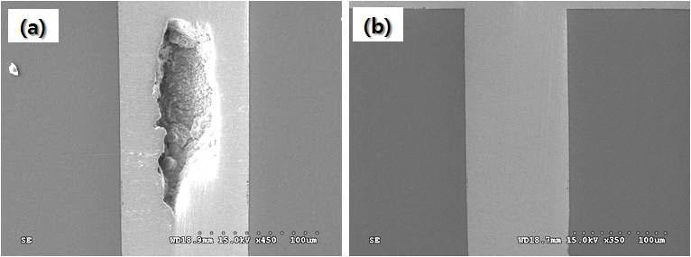 Cross-sectional SEM views of the Cu-filled TSVs : (a) DC and (b) pulse-reverse current(AC)