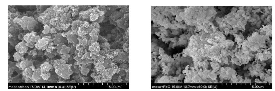 메조포러스 카본(좌) 및 산화철 나노입자가 부착된 메조포러스 카본(우) 표면의 SEM 사진