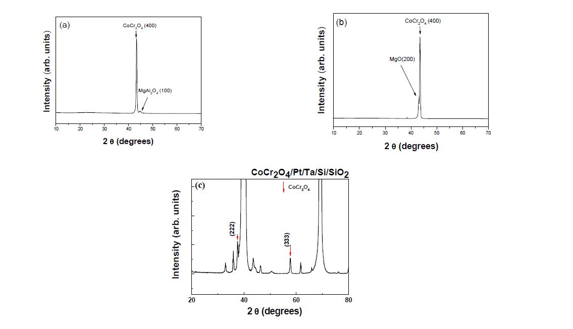 X-ray diffraction patterns of (a)CoCr2O4/MgAl2O4 thin film, (b)CoCr2O4/MgO thin film by sputter and (c)CCO/Pt/Ti/Si/SiO2 thin film by PLD, respectively.