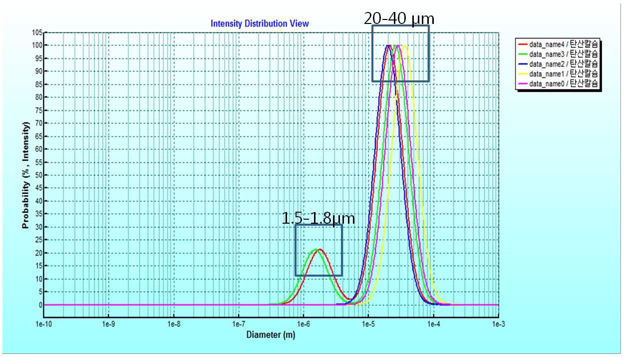 0.3 mM 탄산칼슘 입자혼합 수용액의 DLS 측정결과.