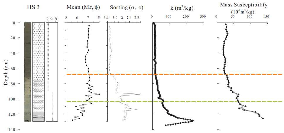 Downcore variations of magnetic susceptibility (core HS3)