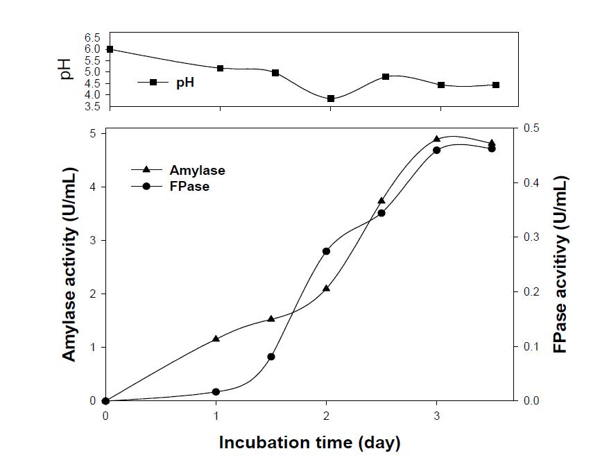 10 L jar 발효조에서 질소원으로서 맨델 배지에서 B. alcalophilus 에 의해 가수분해된 펩톤 또는 효소에 의한 FPase와 amylase의 활성 변화. 성장 조건 (30℃, 200 rpm, 0.6 vvm).