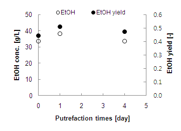 부패 기간에 따른 에탄올 생산 농도 및 수율 (n=2).
