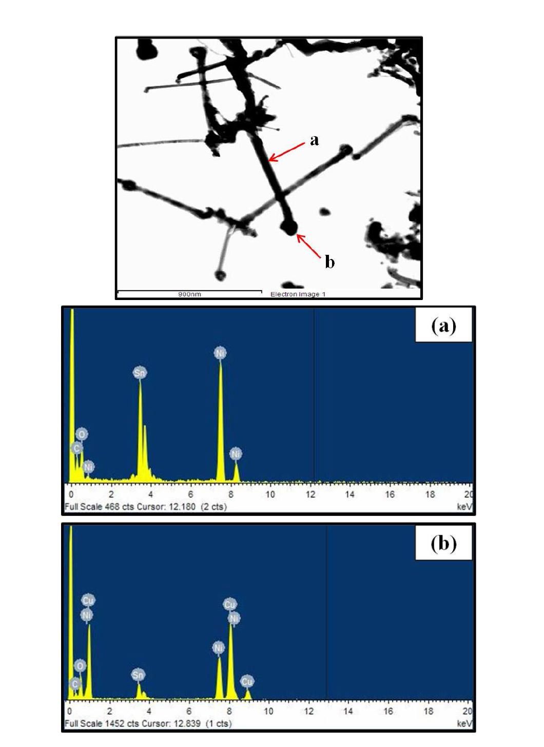 700도 anneal한 SnO2/Cu core-shell 나노선의 TEM EDX 분석 (a) Branch 줄기부분 의 EDX pattern (b) Branch tip 부분 의 EDX pattern