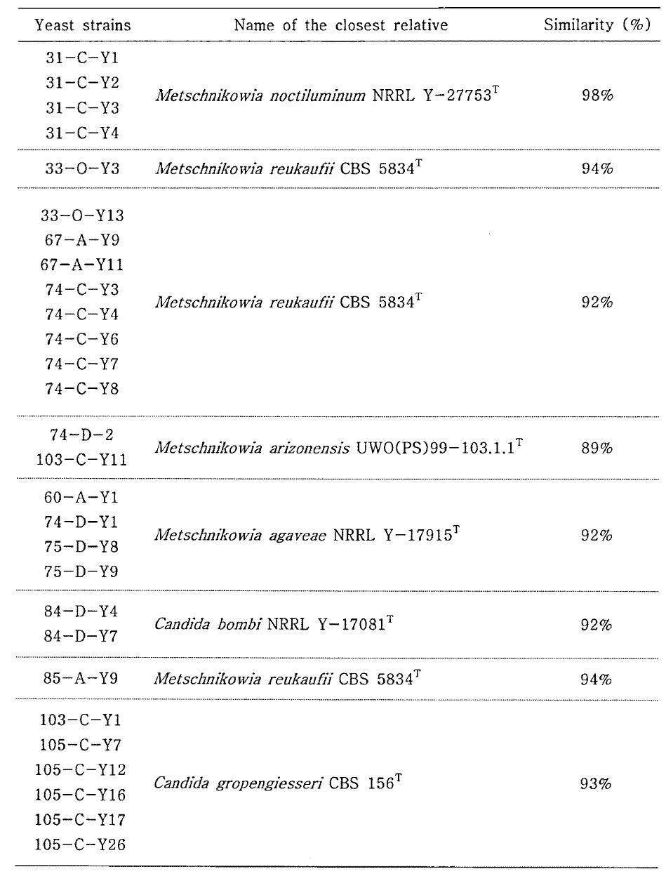 26S rRNA 유전자 D1/D2 영역 염기서열 분석결과 확보된 효모 신종 목록